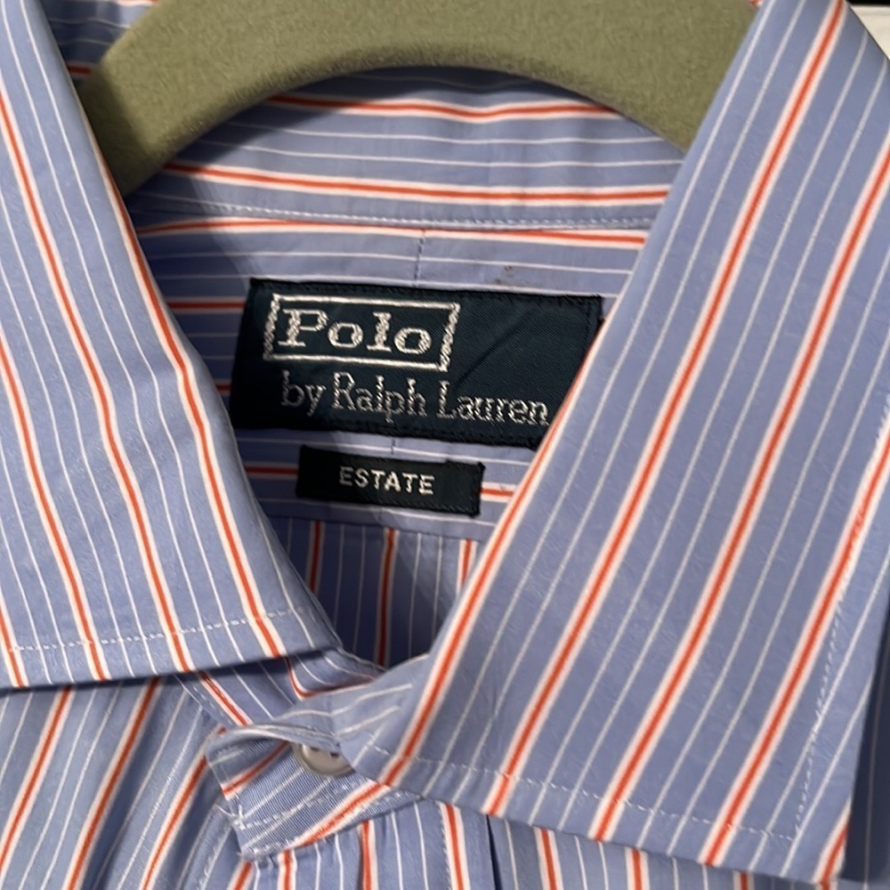 Mens polo blue orange striped button down 15.5 34/35 - Picture 2 of 3